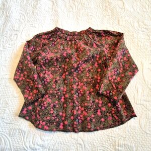 Peek Fleur girls XS tiny pink floral blouse, long sleeves raw edges VGUC